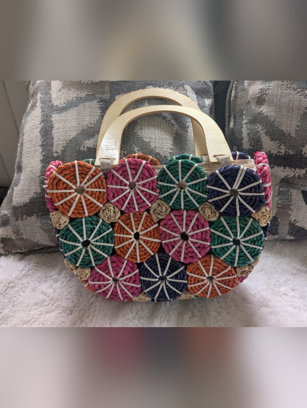 Handwoven Multicolor Circle-Accent Tote Bag